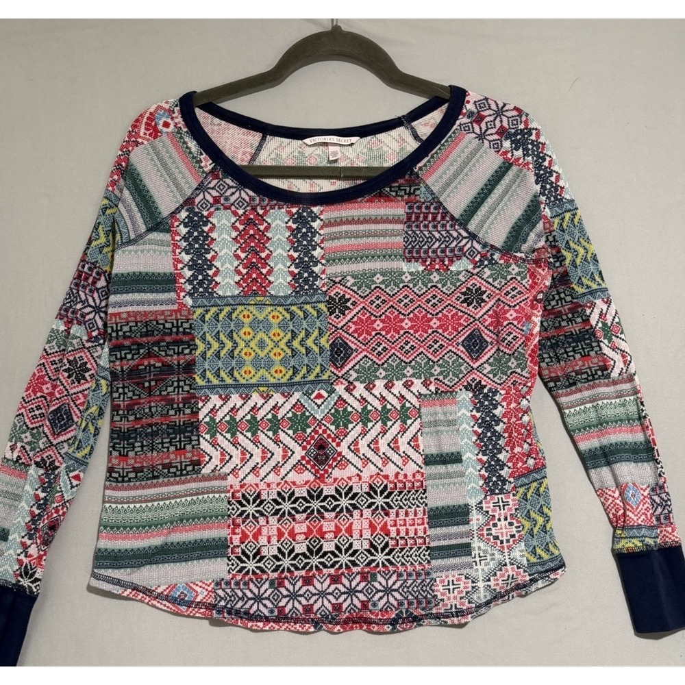 y2k victoria's secret holiday print long john thermal top, women's small